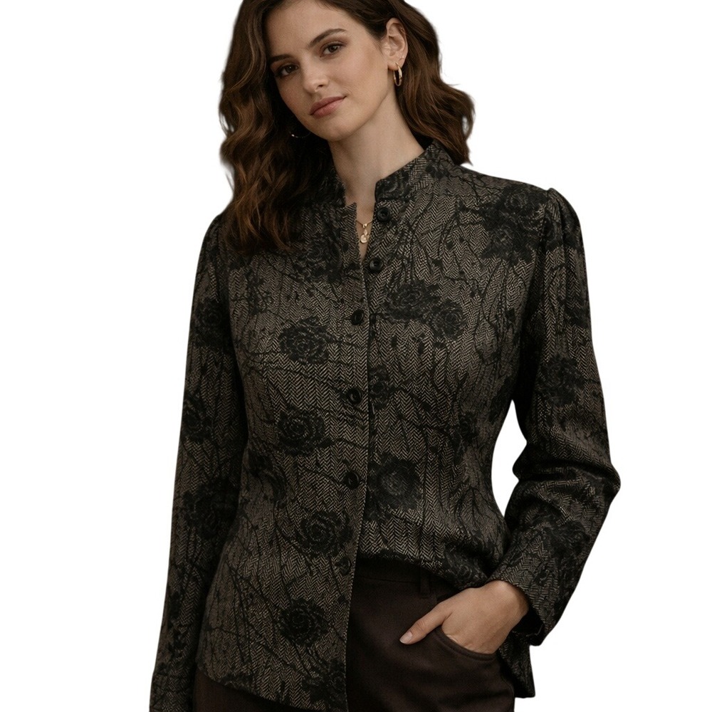 Florentine‎ Womens Jacket 80s Herringbone Print Black Floral Overlay  Size 12